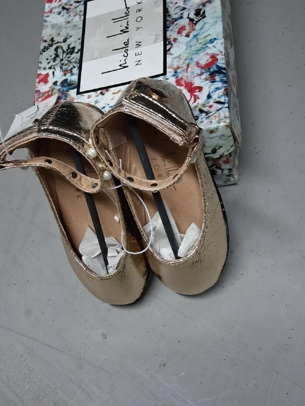 Nicole Miller Metallic Gold Pearl-Strap Girls Dress Flats